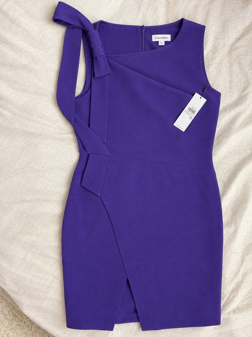 Calvin Klein Purple Sleeveless Asymmetrical Neck Sheath Dress with Bow Strap